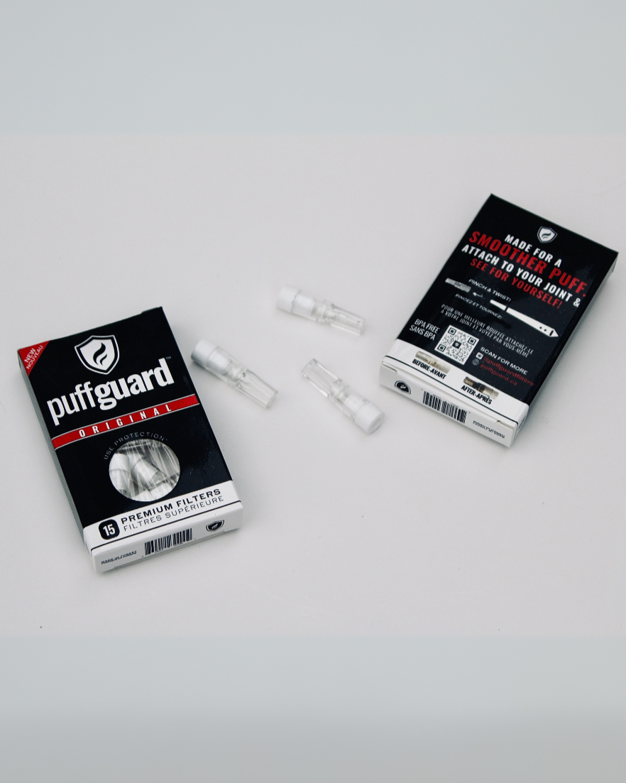 Two boxes of Puffguard filters on a gray background